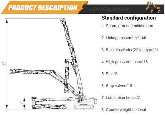 Optional 18M 20M 24M 26M 28M 30M Excavator High Reach Boom , Three Section Demolition Arm